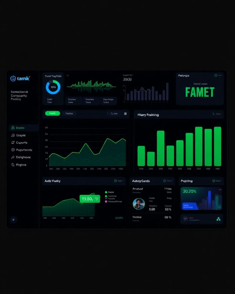 Dark admin dashboard with charts and KPI tiles