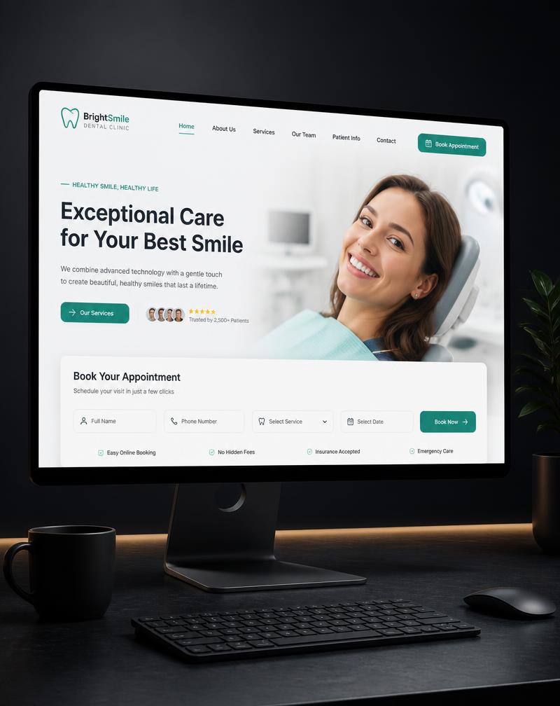 Dental clinic website with appointment booking shown on a desktop monitor