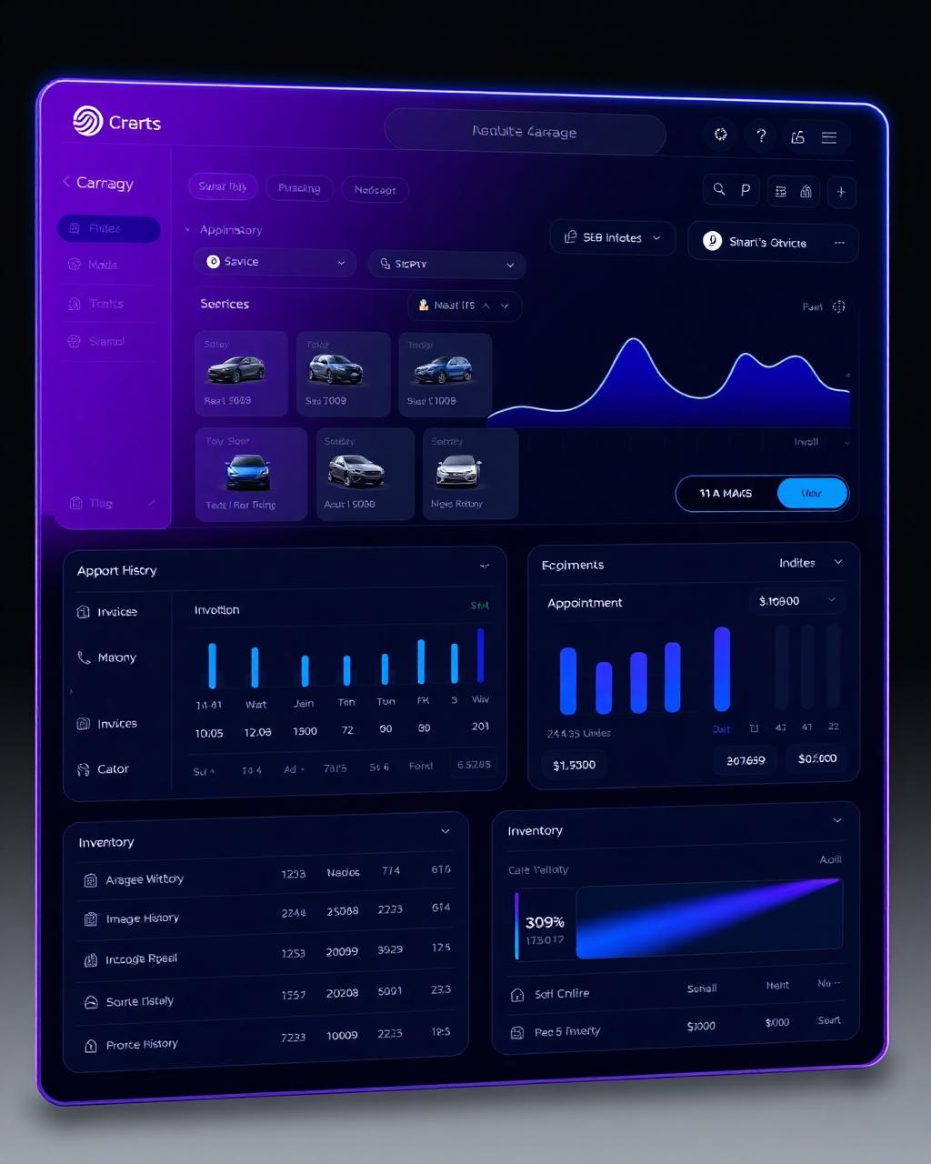 Avento GarageOS dashboard showing vehicle service history and appointment management
