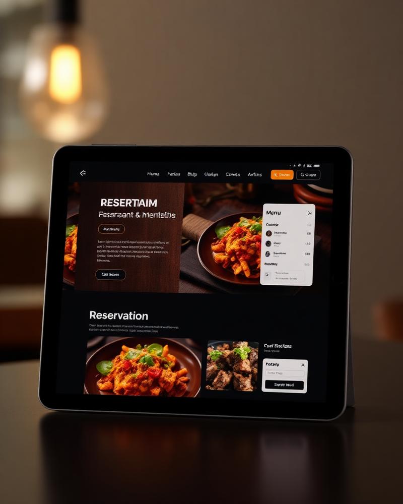 Restaurant website with menu and reservation screens on a tablet