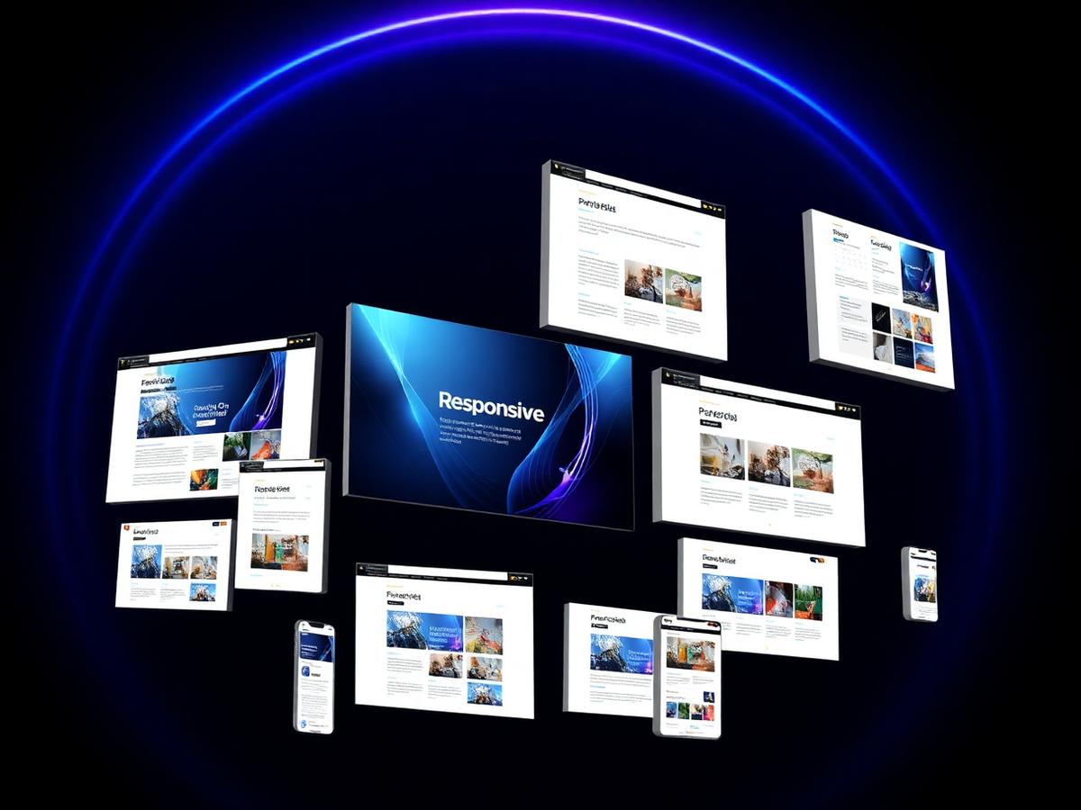 Collection of responsive website screens floating in dark space