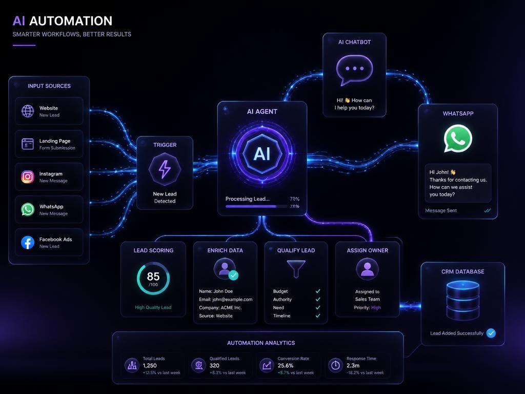 AI automation workflow connecting website, chatbot, WhatsApp and CRM