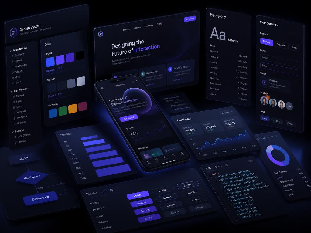 UI/UX design system with wireframes, colour palette and component library